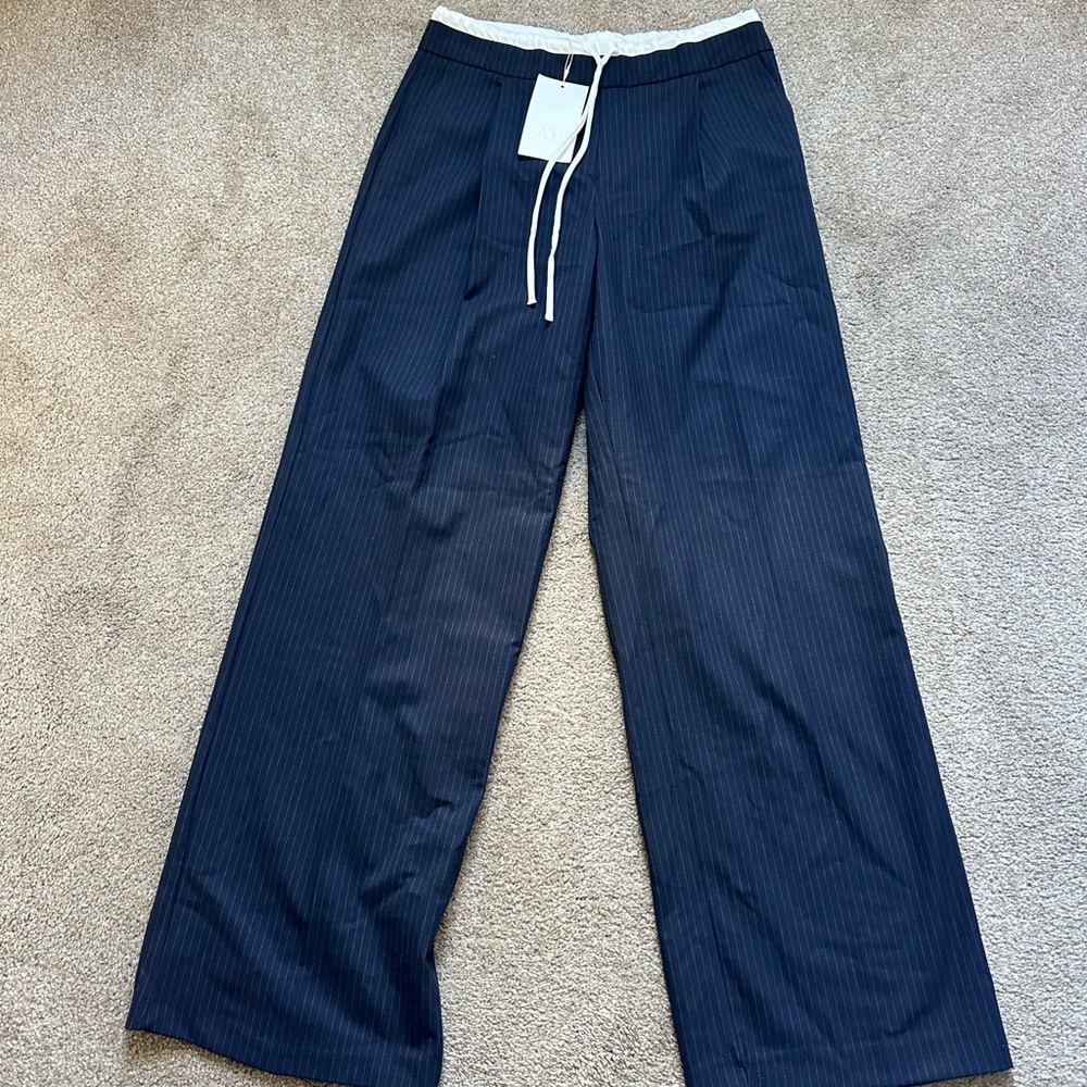 Zara Navy Pinstripe Wide-Leg Trousers